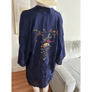 Vtg Golden Dragon Embroidery Kimono Robe Blue Size Festival Boho